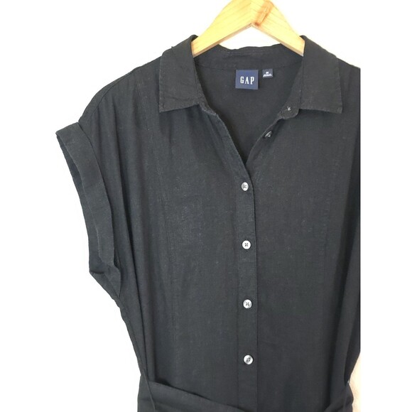 Gap Black Linen Belted Midi Shirt Dress Womens Size Medium Button Down - Picture 4 of 12